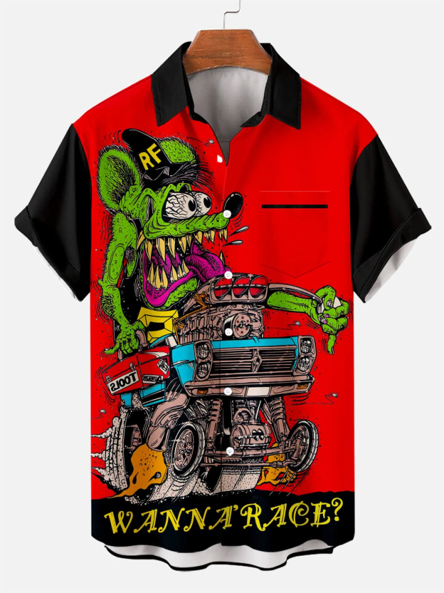 Men's Nostalgic Anime Character Retro Car Short Sleeve Shirt