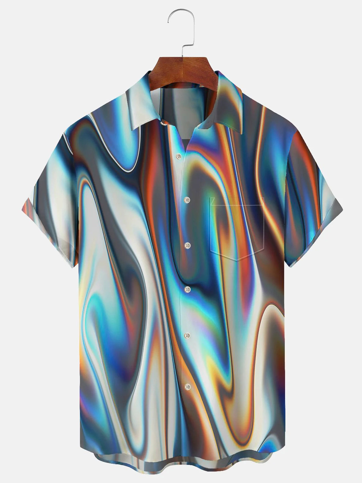 Men's Art Gradient Aurora Print Casual Short Sleeve Pocket Shirt