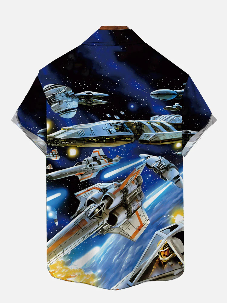 Men's science fiction blue galaxy interstellar spaceship fleet lapel short sleeved shirt