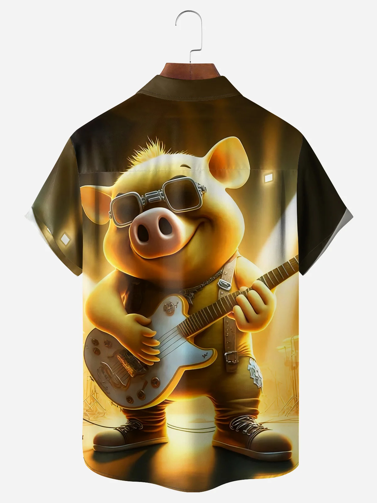 Men's Fun Casual Cartoon Rock Pig Short Sleeve Pocket Shirt