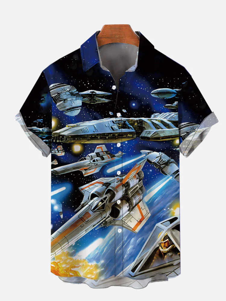 Men's science fiction blue galaxy interstellar spaceship fleet lapel short sleeved shirt