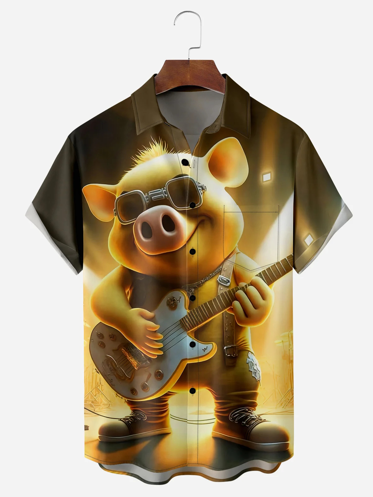 Men's Fun Casual Cartoon Rock Pig Short Sleeve Pocket Shirt