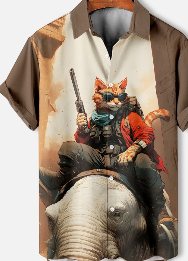 Men's Retro Cartoon Anime Cat Theme Short Sleeve Shirt