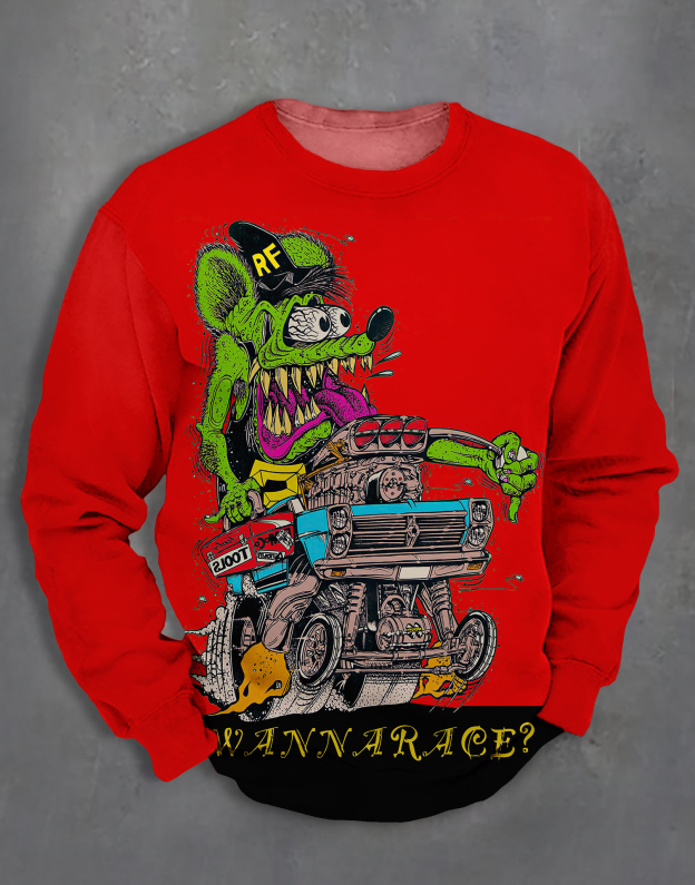 Men's Retro Cartoon Car Graphic Illustration Long Sleeve Sweatshirt