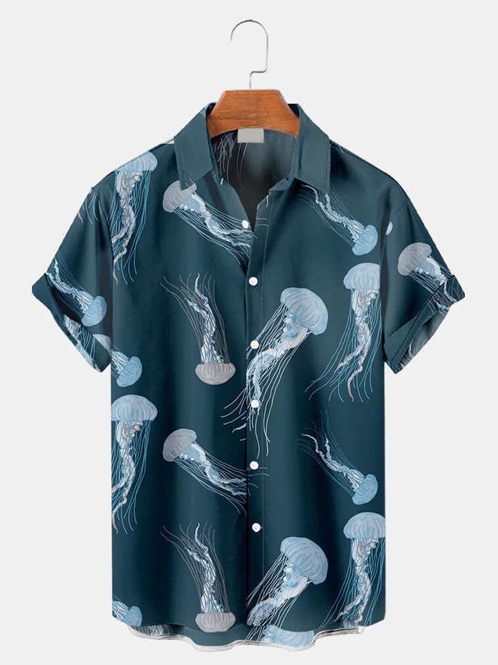 Men's Casual Sea Life Jellyfish Graphic Short Sleeve Shirt