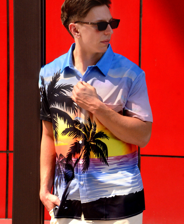 Men's Hawaiian Beach Sunset Print Button Down Shirt, Short Sleeve, Tropical Palm Trees Design