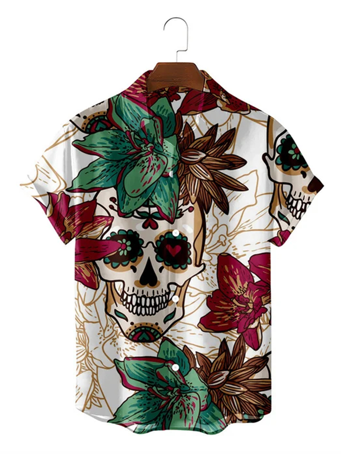 Men's casual floral skull print short sleeved pocket shirt