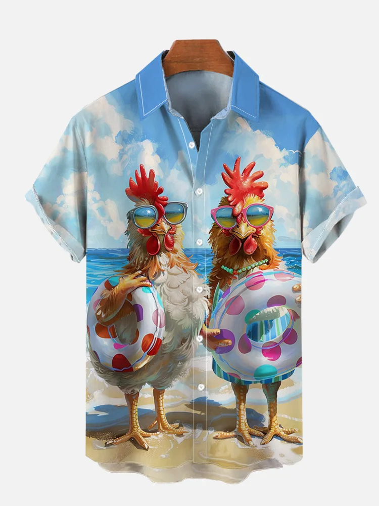 Hawaiian Fun Animal Chick Holiday Casual Short Sleeve Shirt