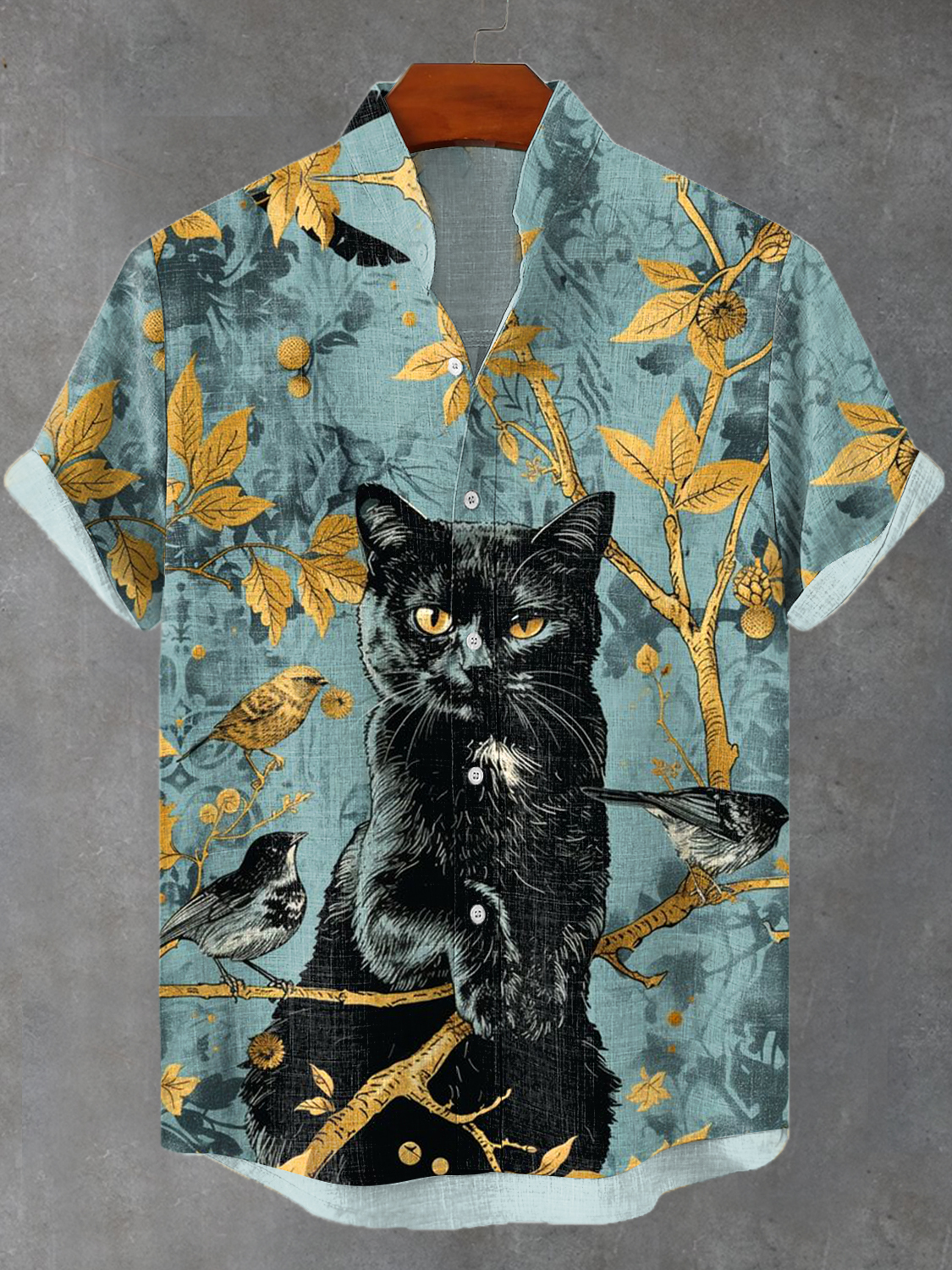 Men's Retro Mystic Black Cat Birds Forest Spirituality Print Linen Ble