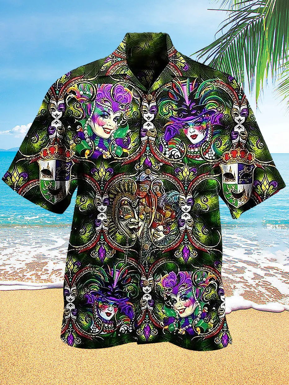 Happy Mardi Gras Print Hawaiian Short Sleeve Shirt