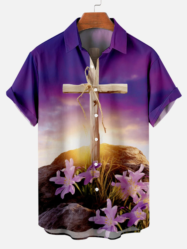 Men's Easter Cross Print Short Sleeve Shirt