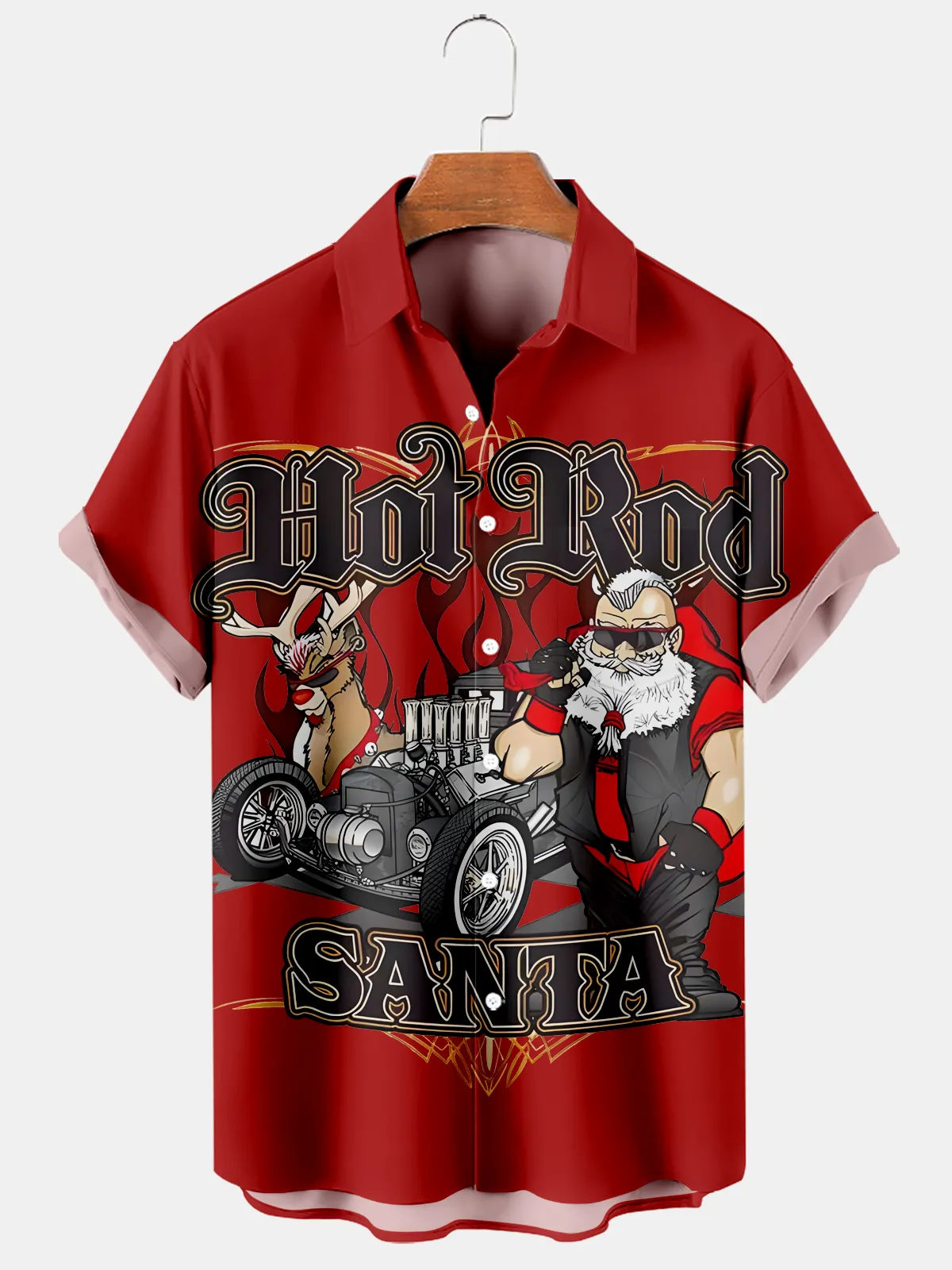 Men's Christmas Fun HOT ROD SANTA Car Printed Short Sleeve Shirt 0378