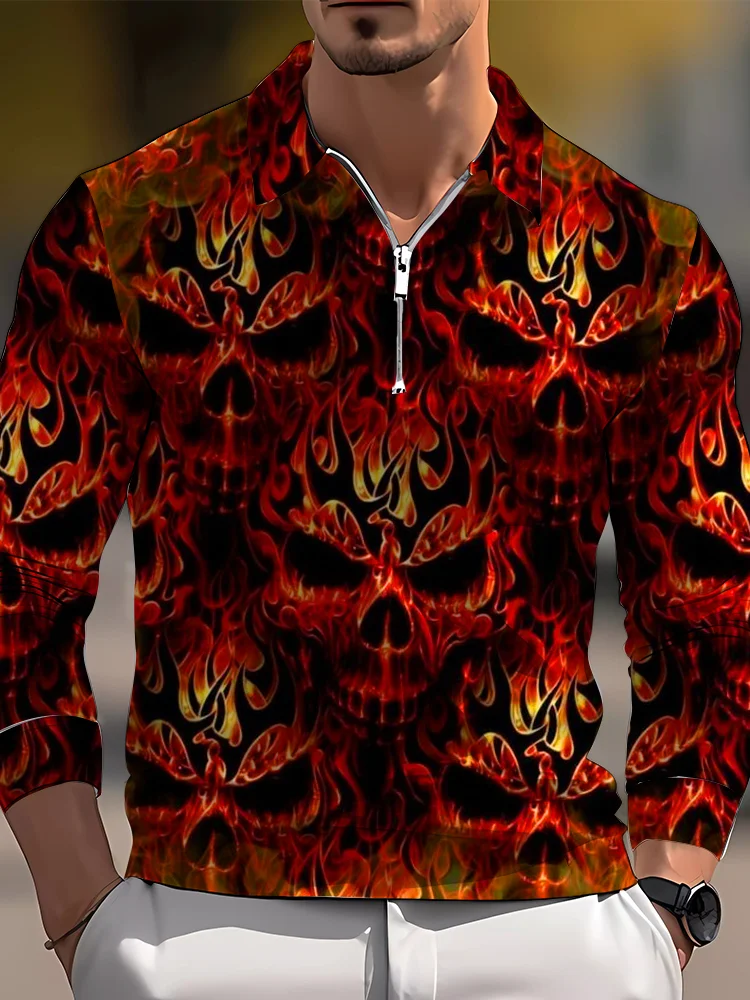 Men's casual art graphic zip long sleeve polo shirt