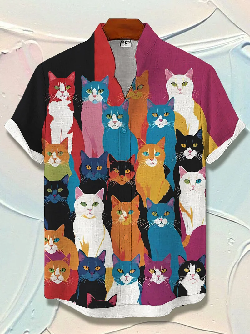 Men's Coloful Cats Theme Retro Cartoon Shirt