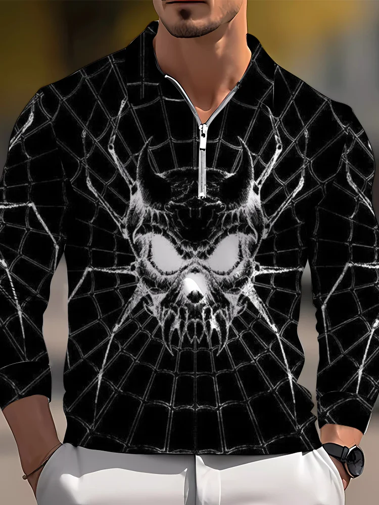 Men's casual art graphic zip long sleeve polo shirt