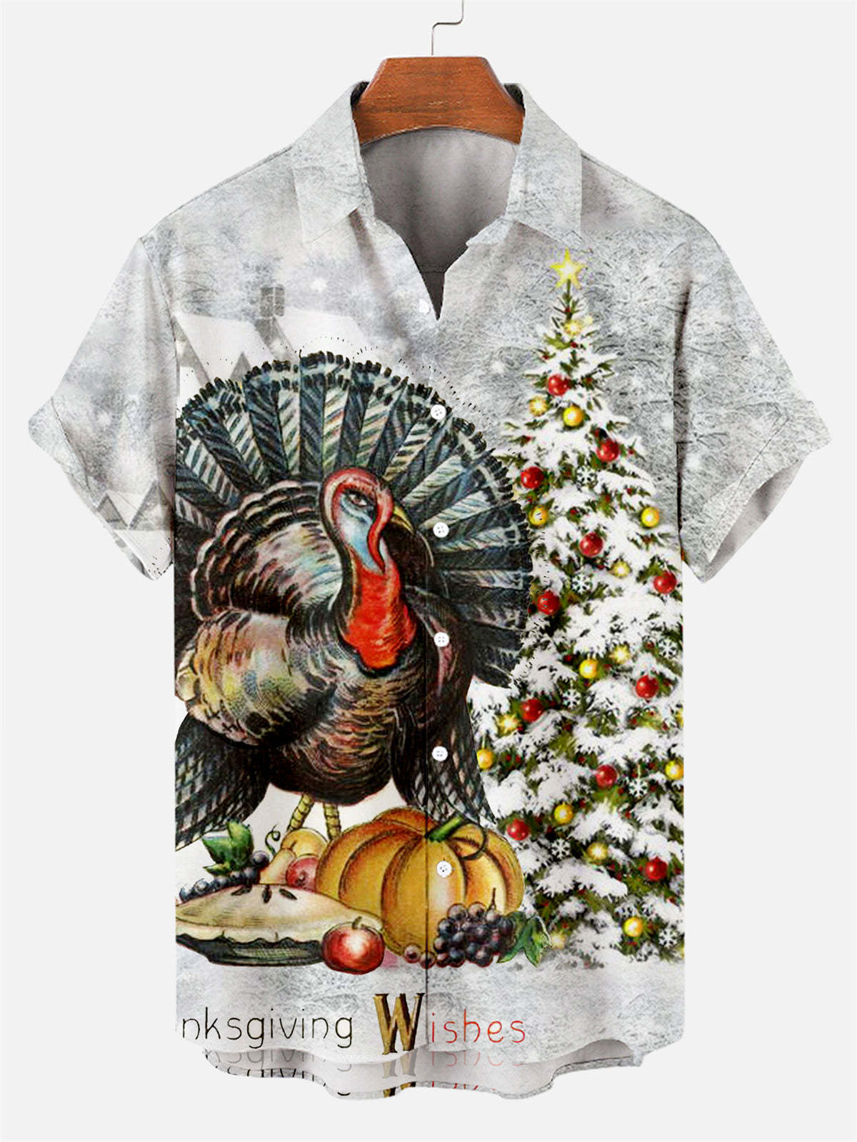 Men's Christmas Thanksgiving Snow Turkey Print Short Sleeve Shirt