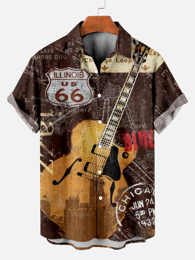Men's Vintage Guitar Print Short Sleeve Shirt