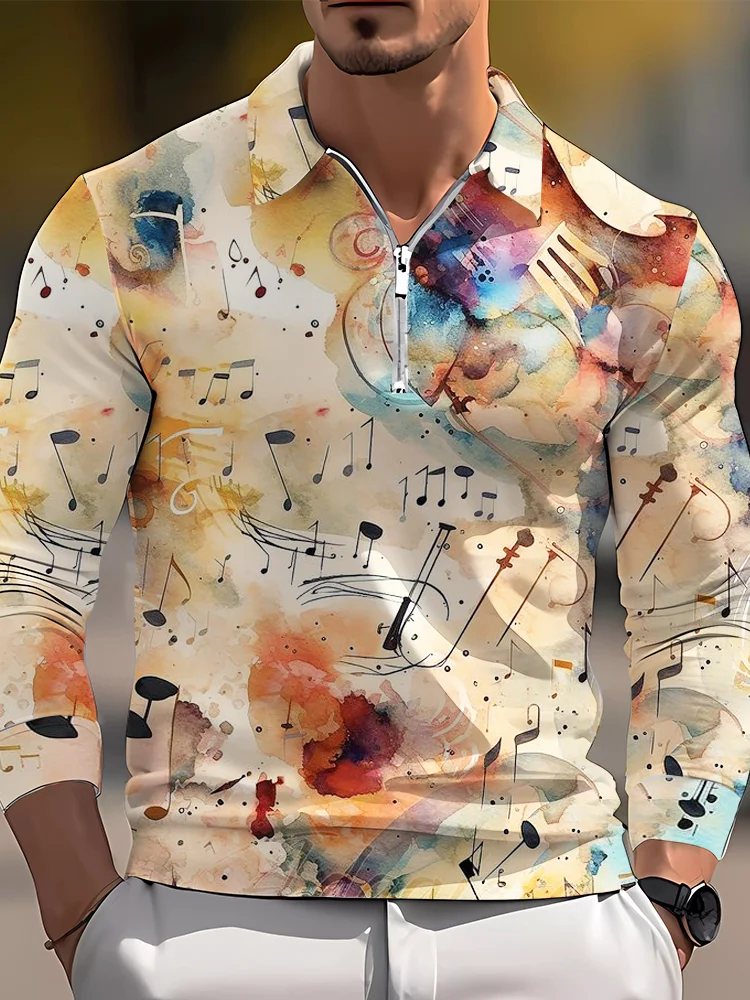 Men's casual art graphic zip long sleeve polo shirt