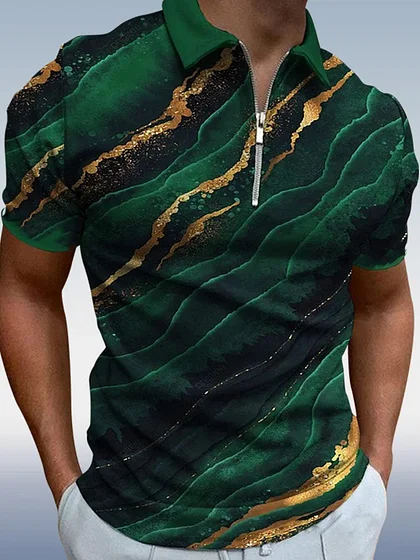Men's Casual Art Graphic Short Sleeve Zip Polo Shirt