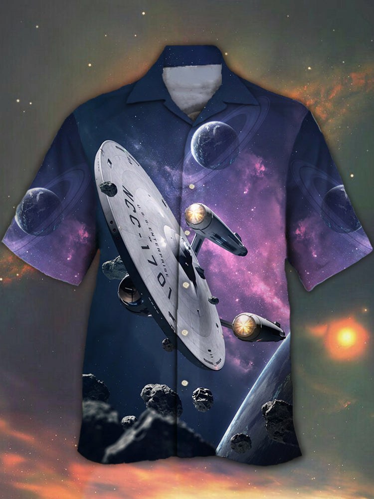 Men's Star Navigation Mechanical Spaceship Cuban Collar Printed Shirt