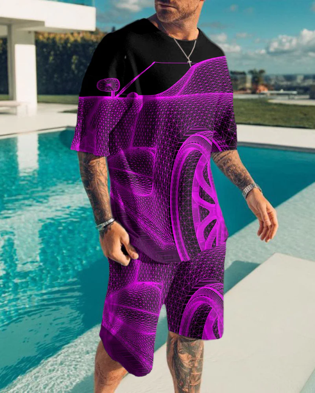 Men's Fashion 3D Printing Short Sleeve Two-Piece Suit 3 Colors
