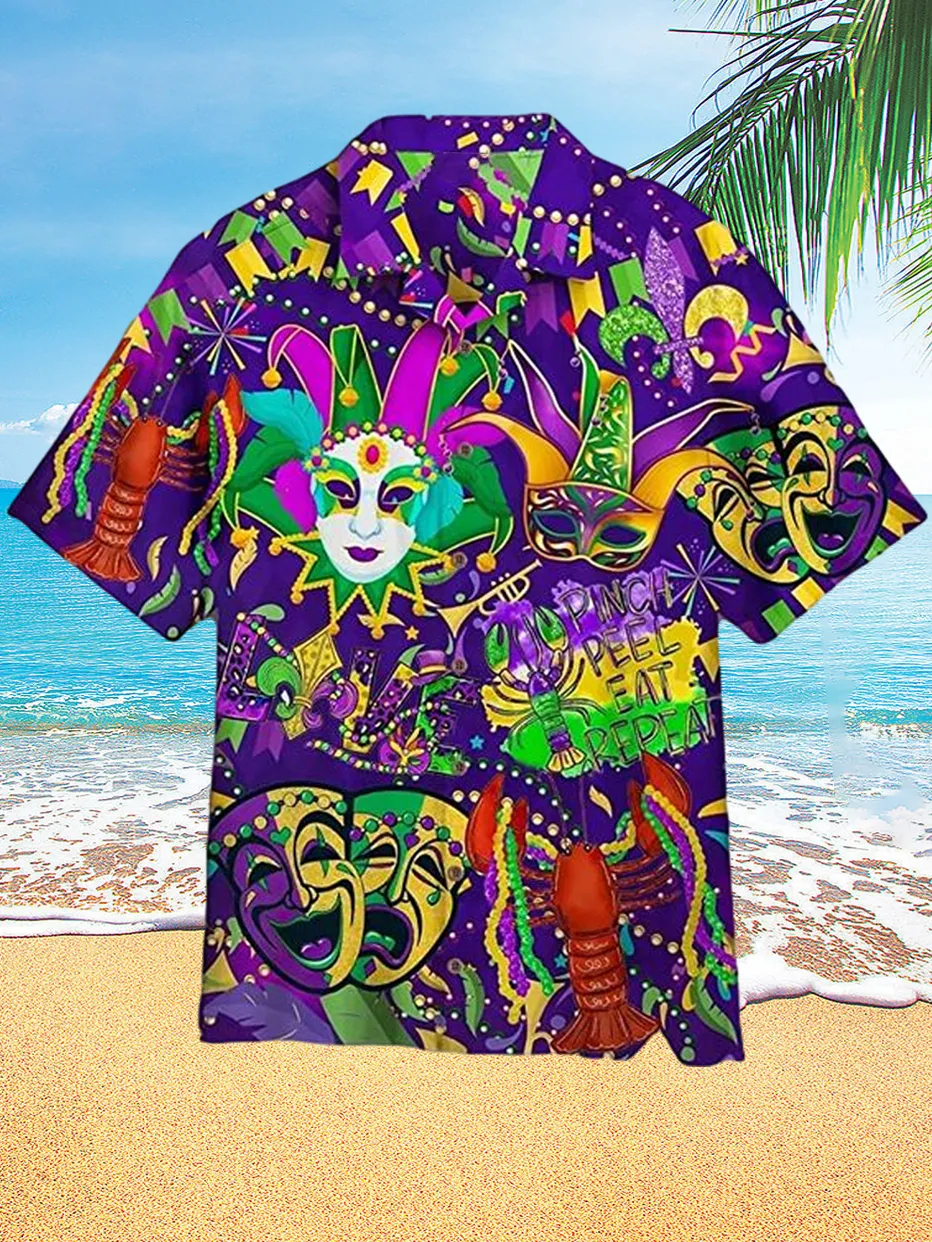Happy Mardi Gras Purple Print Holiday Hawaiian Short Sleeve Shirt ​