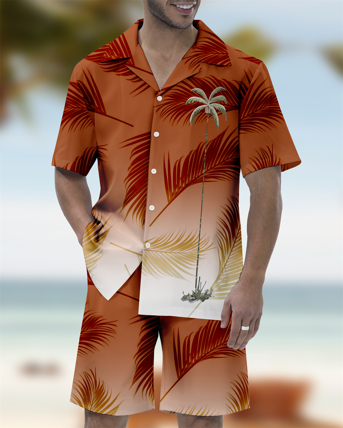 Men's Casual Vacation Hawaiian Cuban Collar Short Sleeve Shirt Set