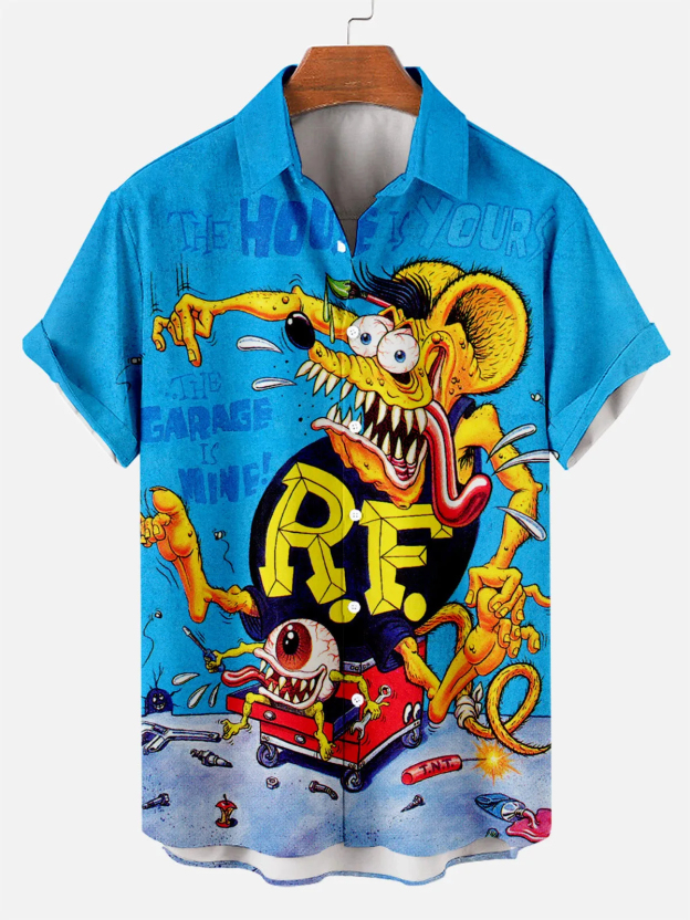 Men's Nostalgic Anime Character Retro Car Short Sleeve Shirt