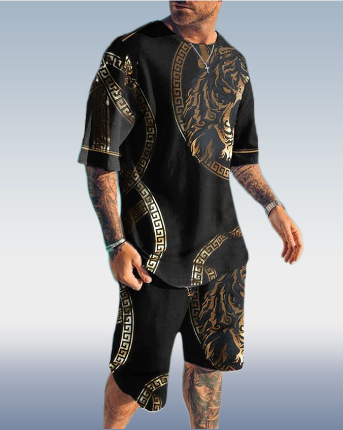 Men's Tiger Print Short Sleeve Two-Piece Set