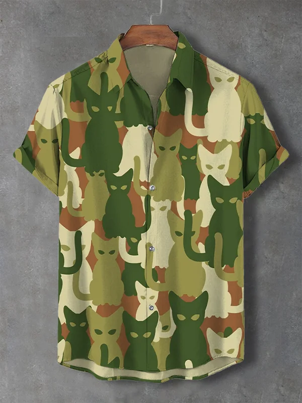 Men's Green Cat Theme Retro Cartoon Shirt