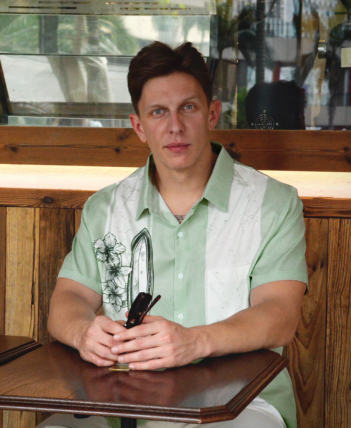 Men's Hawaiian Surfboard Button Down Shirt, Short Sleeve, Sage Green with Floral Print