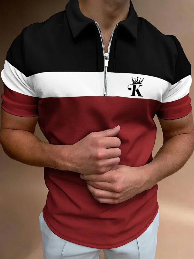 Men's Casual Art Graphic Short Sleeve Zip Polo Shirt