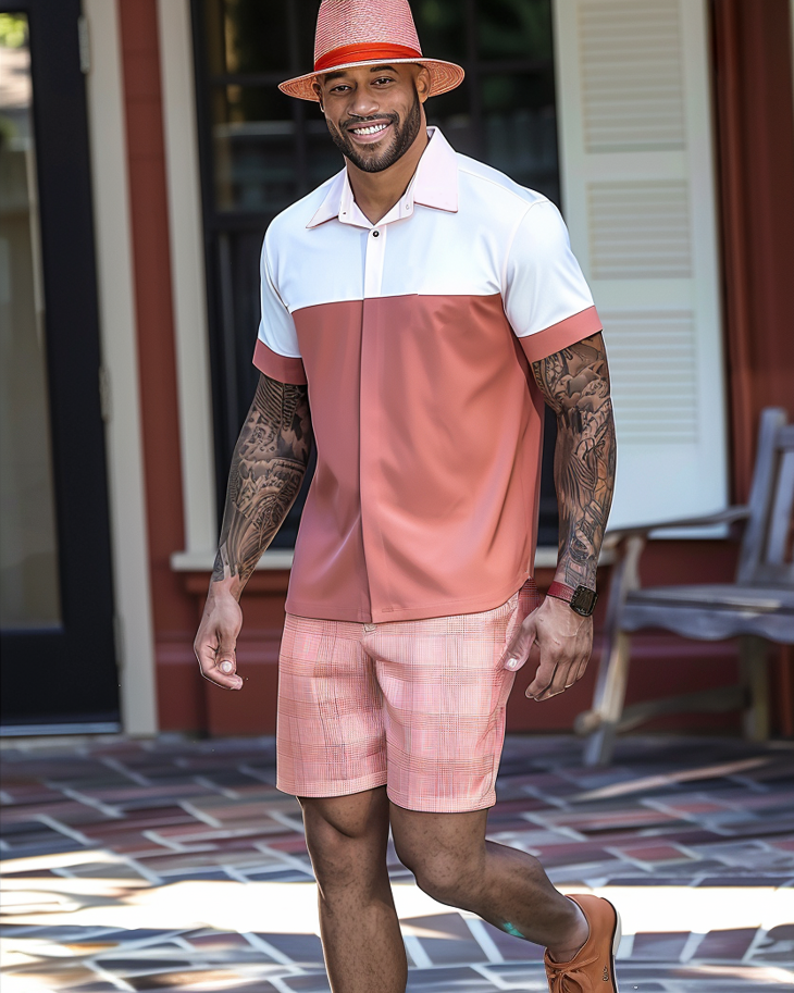 Men's Business Casual Plaid Simple Patchwork Texture Short Walking Suit 002