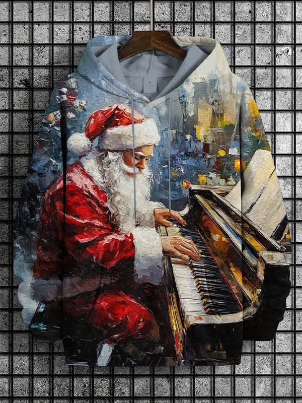 Men's Santa Claus Playing Piano Elegantly Oil Painting Art Print Hooded Sweatshirt