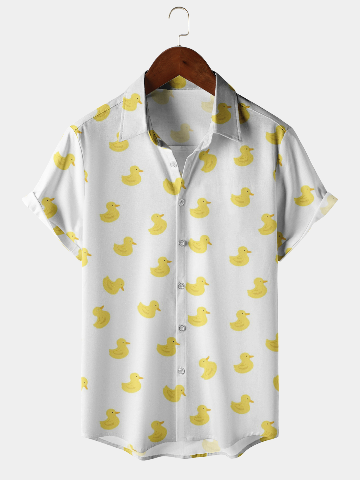 Men's Casual Yellow Duck Element Printed Lapel Short Sleeve Shirt
