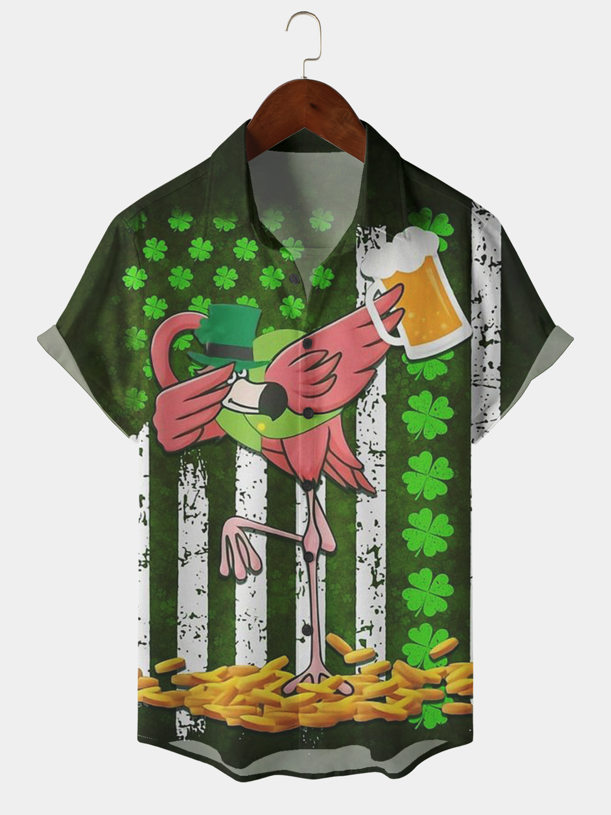Men's Casual Festival Flamingo Beer Elements Lapel Short Sleeve Shirt