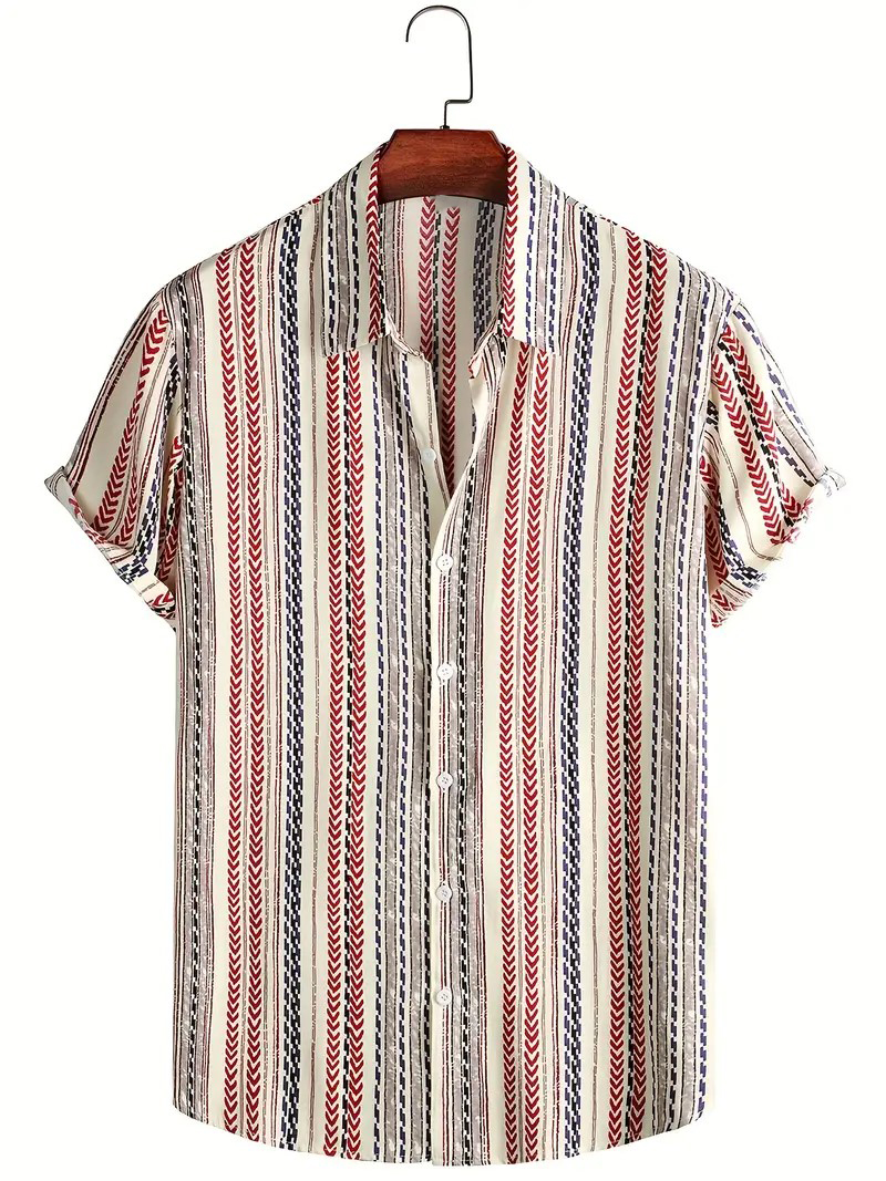 Men's Vintage Lapel Shirt - Casual Button Up Short Sleeve with Vertical Stripes and Geometric