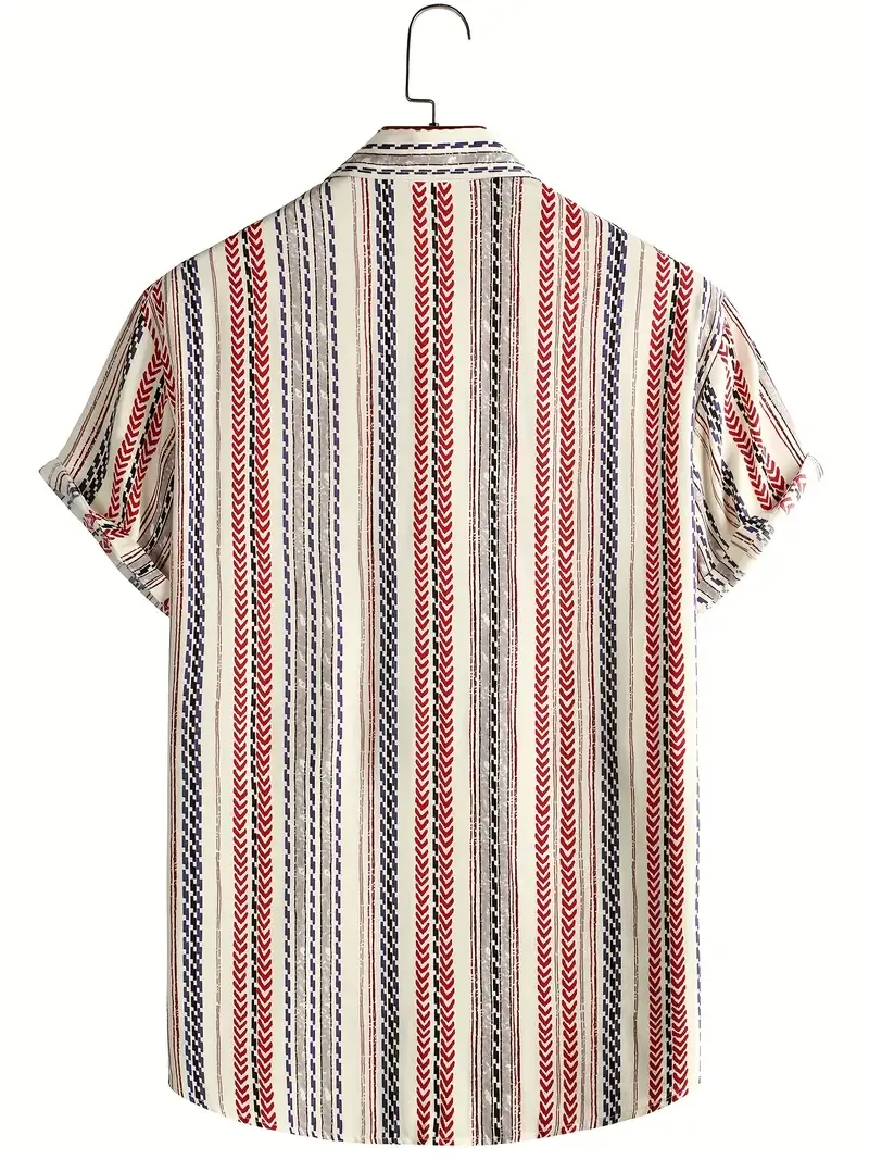 Men's Vintage Lapel Shirt - Casual Button Up Short Sleeve with Vertical Stripes and Geometric
