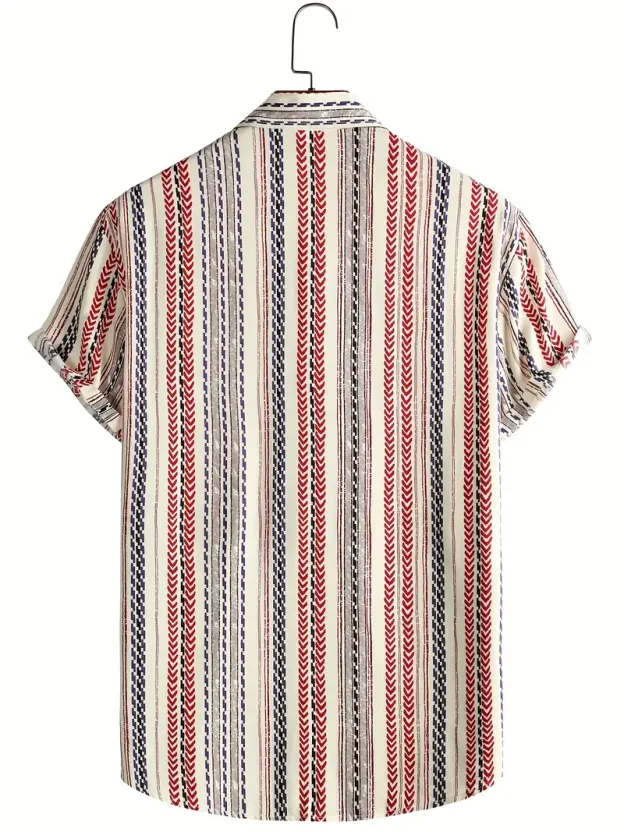 Men's Vintage Lapel Shirt - Casual Button Up Short Sleeve with Vertical Stripes and Geometric