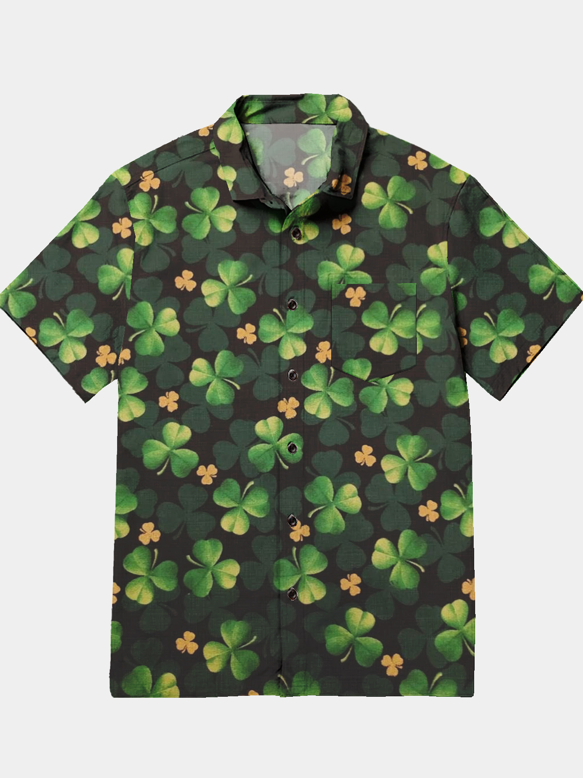 Men's Festival Casual Allover Shamrock Elements Printed Lapel Pocket Short Sleeve Shirt