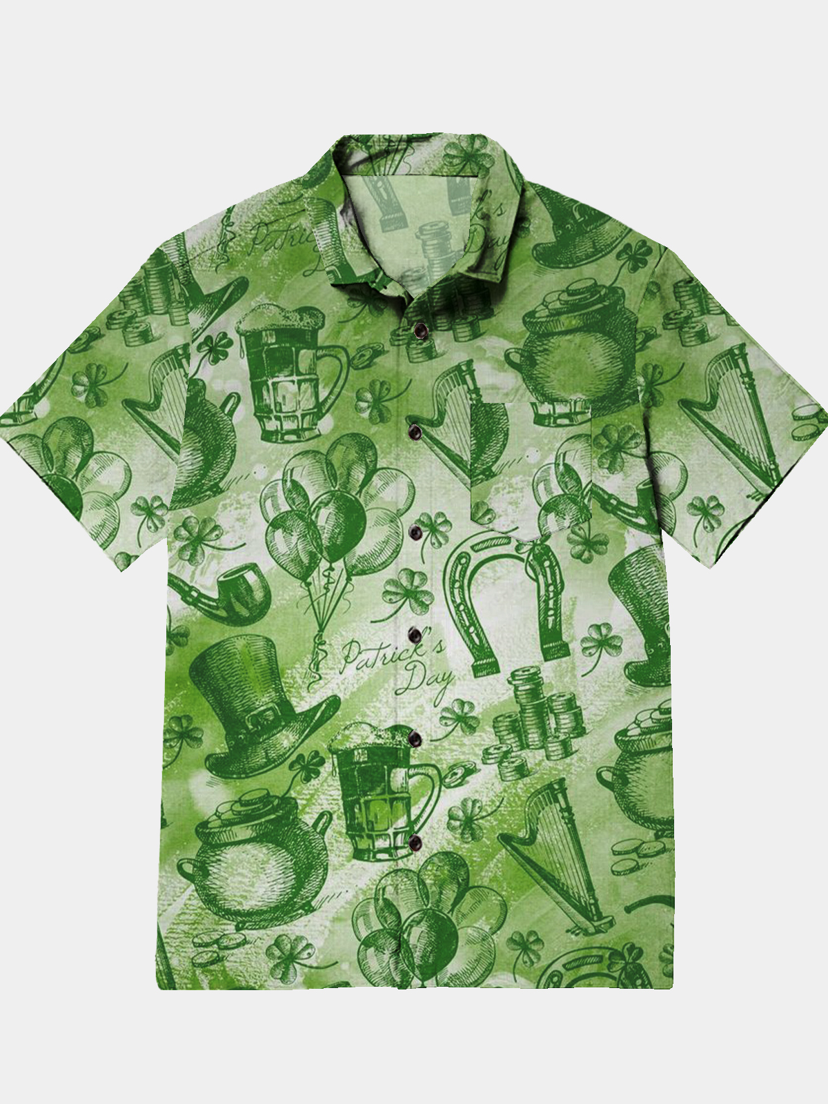Men's Casual St. Patrick's Day Element Printed Lapel Pocket Short Sleeve Shirt