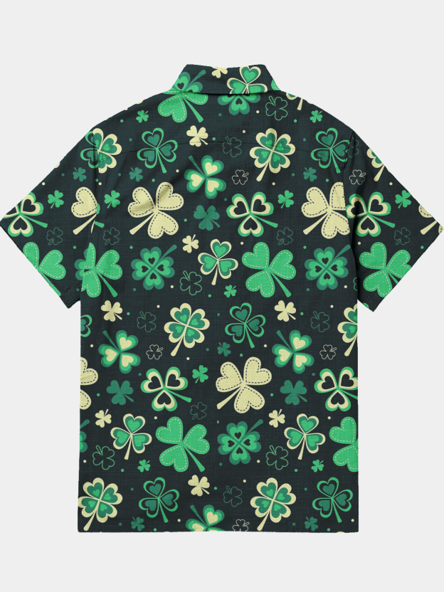 Men's Casual Festival Allover Shamrock Elements Printed Lapel Pocket Short Sleeve Shirt