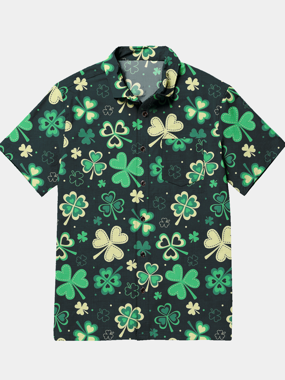 Men's Casual Festival Allover Shamrock Elements Printed Lapel Pocket Short Sleeve Shirt
