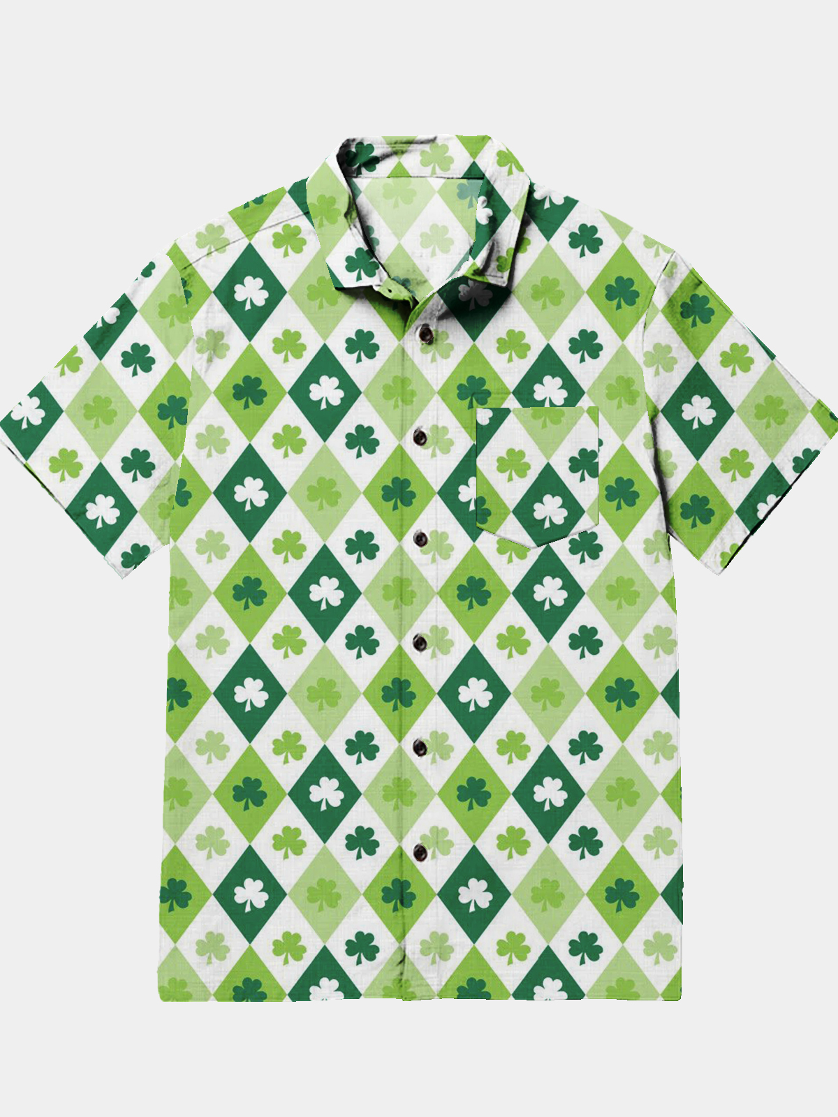 Men's Casual Festival Allover Plaid Shamrock Element Printed Lapel Pocket Short Sleeve Shirt
