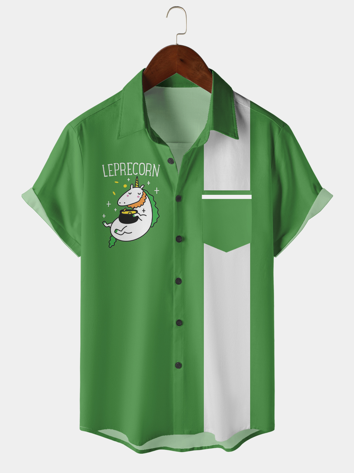 Men's Casual Festival Leprechaun Pony Element Lapel Pocket Short Sleeve Bowling Shirt