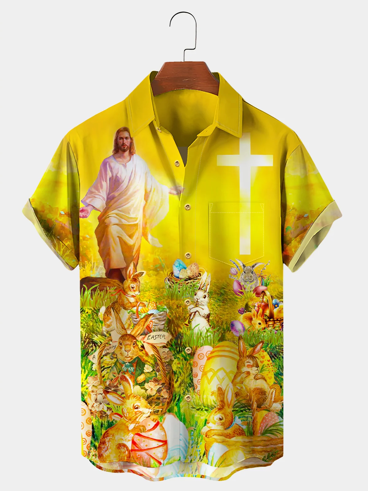 Men's Casual Easter Holiday Jesus Element Lapel Pocket Short Sleeve Shirt