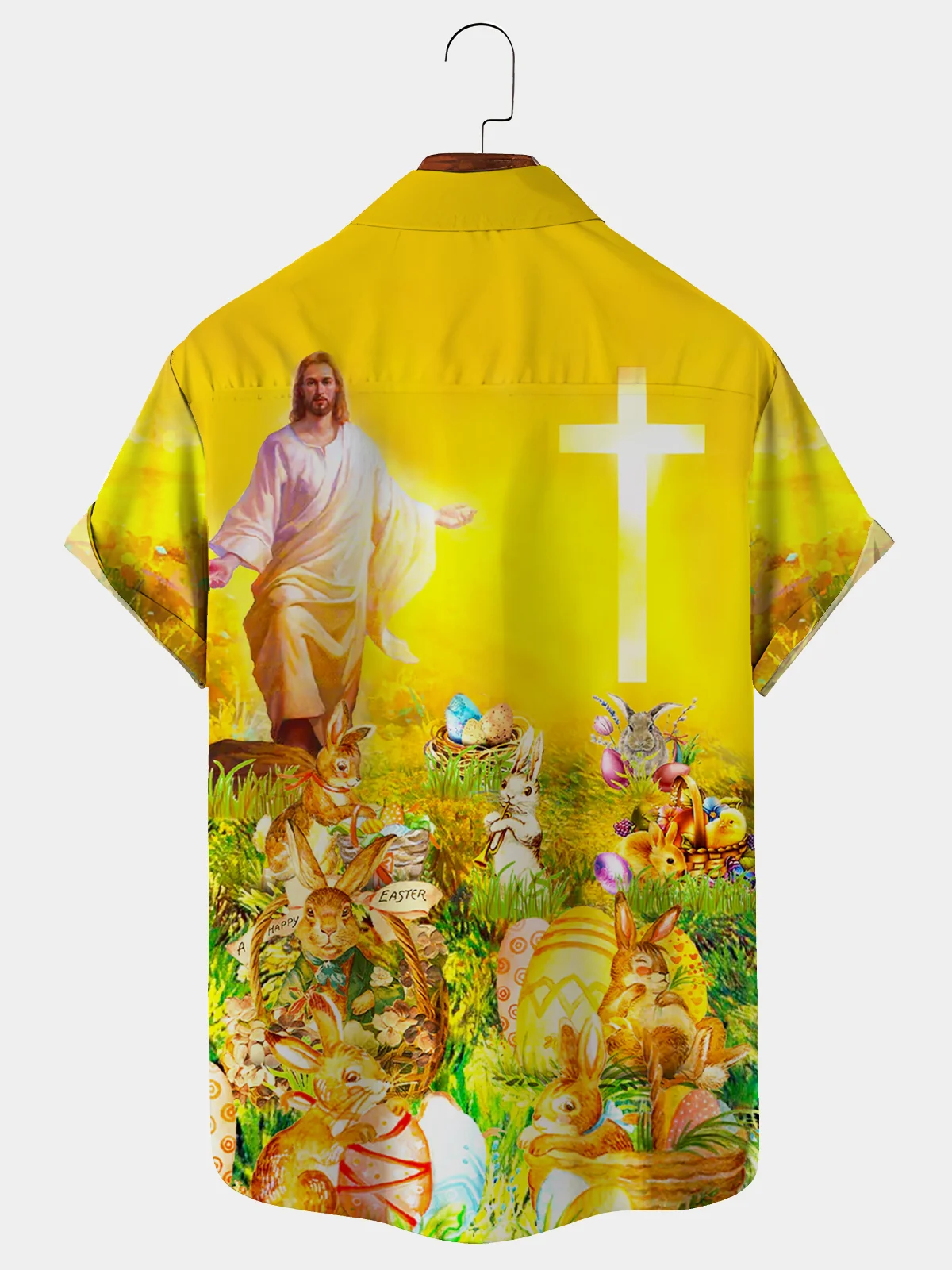 Men's Casual Easter Holiday Jesus Element Lapel Pocket Short Sleeve Shirt