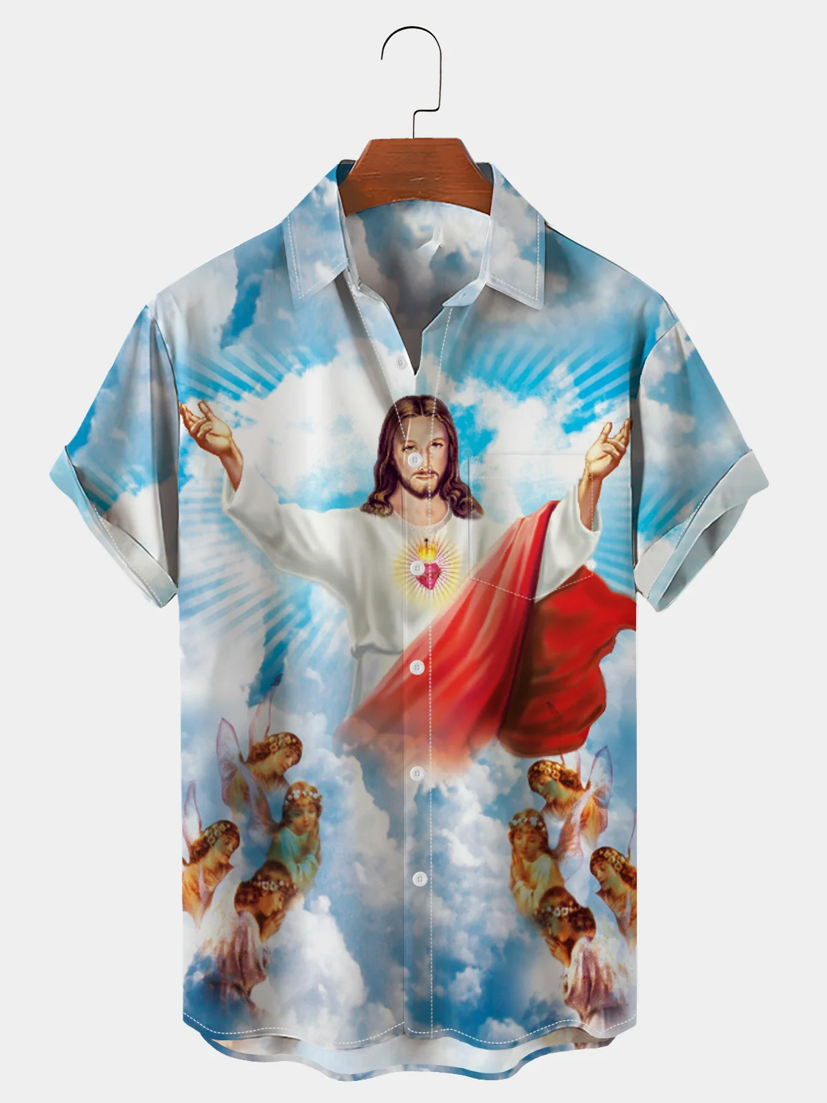 Men's Casual Easter Holiday Jesus Element Lapel Pocket Short Sleeve Shirt