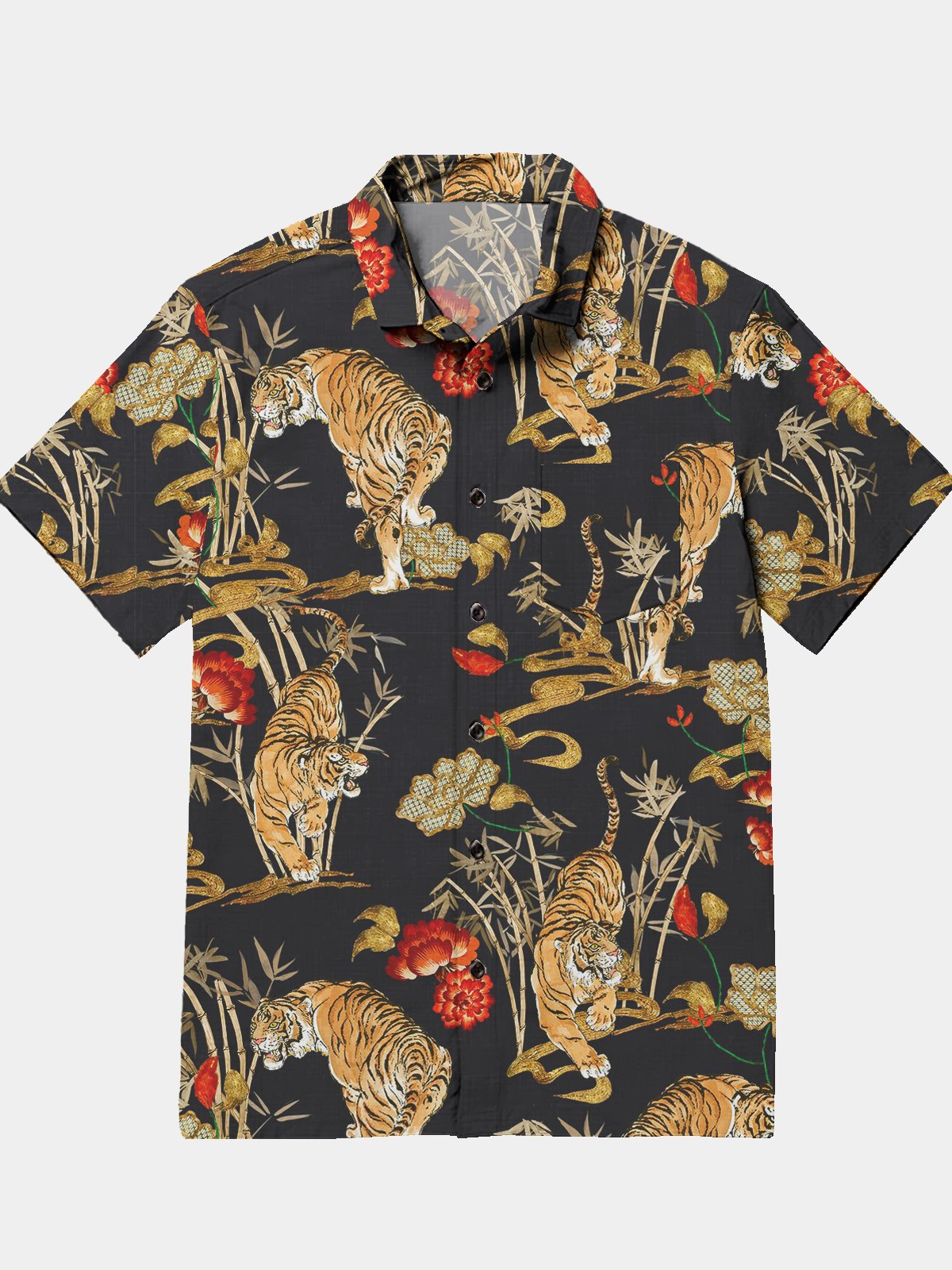 Men's Retro Tiger Animal Print Lapel Pocket Short Sleeve Shirt