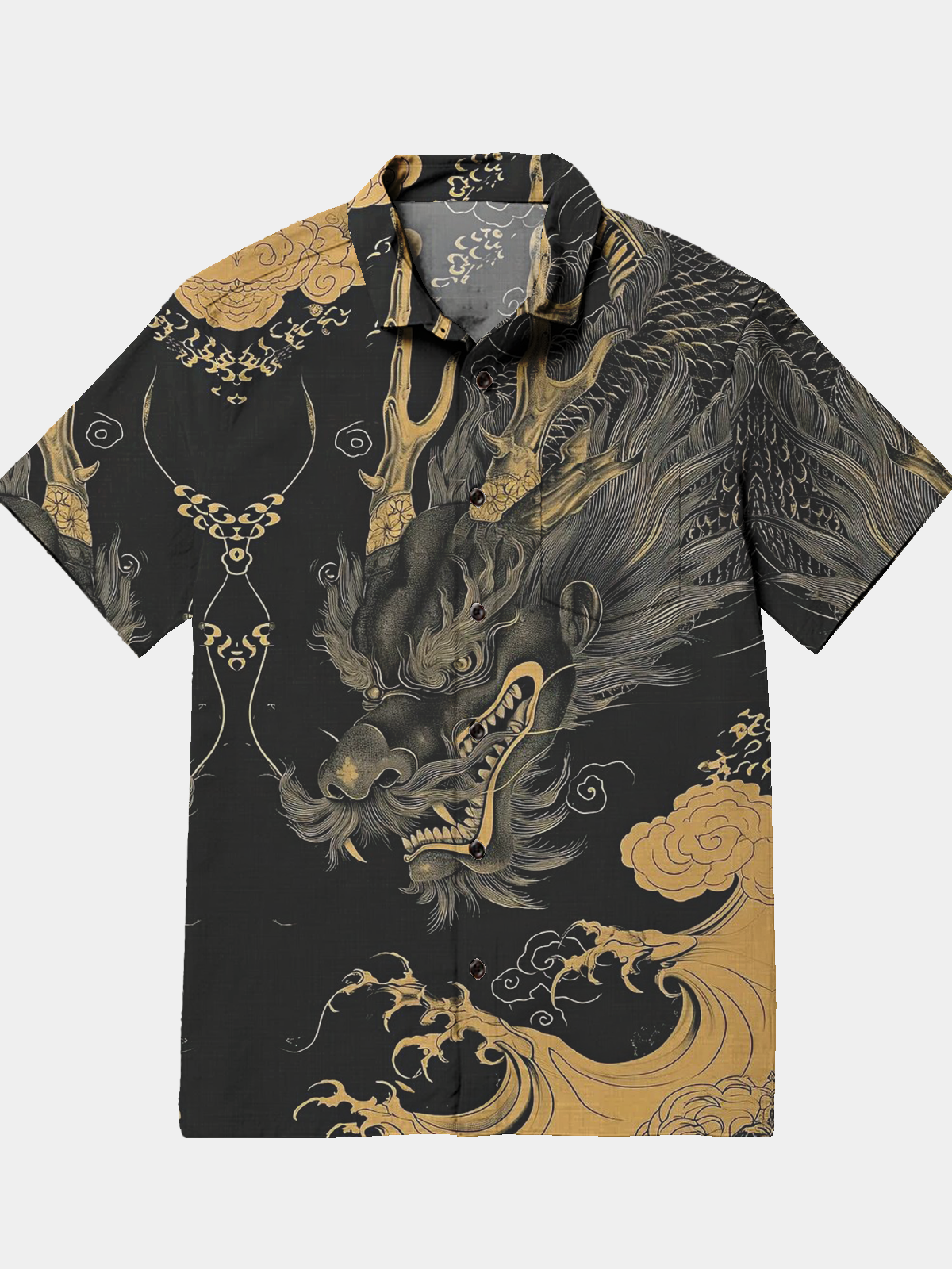 Men's Vintage Dragon Animal Print Lapel Pocket Short Sleeve Shirt